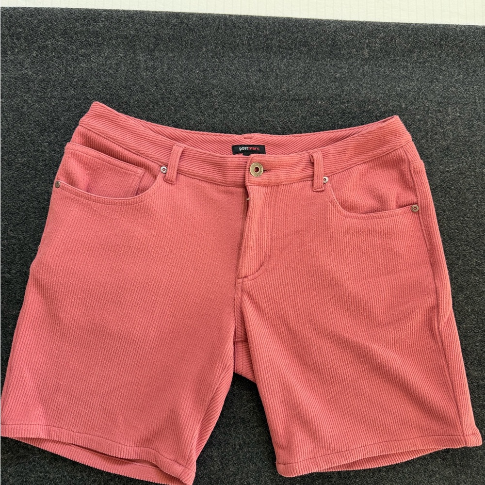 Postmarc Shorts Men 32” waist / 7" inseam, knit corduroy stretch. Red/pink, slim
